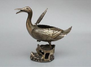 Old Tibet Antique Copper Plating Hand Engraving Duck Statue Rt