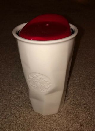 Starbucks Faceted White Ceramic Mug Tumbler 10 Oz Red With Lid 2013