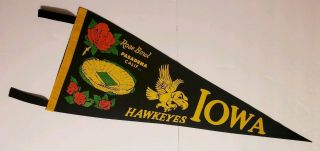 Vintage Iowa Rose Bowl Hawkeyes Black Felt Pennant From 1957