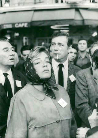 Vintage Photograph Of Simone Signoret And Yves Montand Participate In A Demonstr