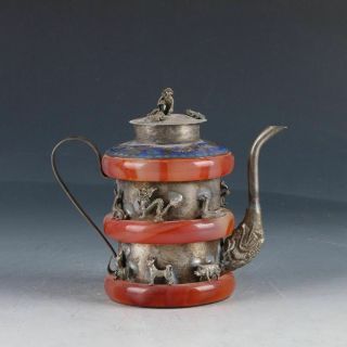 Chinese Exquisite Silver Copper & Jade Handmade Carving (12 生肖 ）teapots