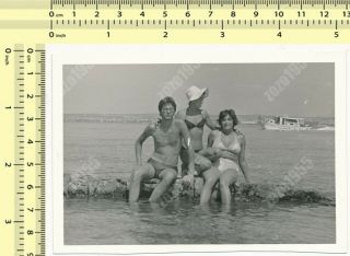 Shirtless Guy Trunks & Two Bikini Ladies,  Women On Beach Vintage Photo Snapshot