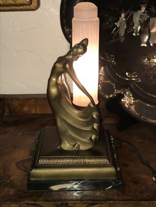 Vintage Art Deco Semi Nude Figural Lamp With Frosted Shade Circa 1920s To 40s 3