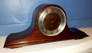 Vintage Welby German Tambour Mantel Clock Westminster Chimes Mahogany Key Wind
