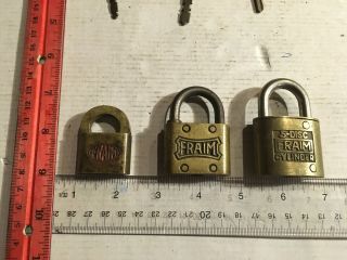 3 - Vintage Antique Old Collectible Brass Fraim Padlock Lock,  All 3 Have Keys