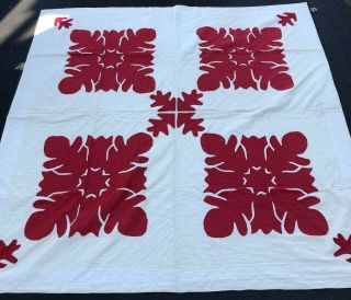 Vintage Handmade Red And White Great Pattern Quilt 77 X 76 Inches