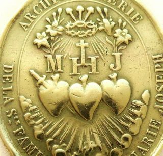 The Sacred Hearts Of The Holy Family - Splendid Antique Old Bronze Medal Pendant