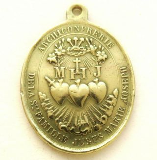 THE SACRED HEARTS OF THE HOLY FAMILY - SPLENDID ANTIQUE OLD BRONZE MEDAL PENDANT 3
