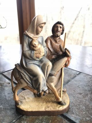 Vintage Jesus Mary & Joseph On A Donkey Wood Statue Carved In Italy