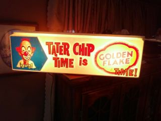 Vintage Advertising Light Up Golden Flakes Potatoe Chips Sign.  3ftx1ft