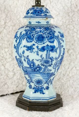 Antique Dutch Delft B&w Blue And White Lidded Vase Made Into A Lamp Circa 1720s