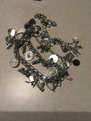 Vtg.  Sterling Silver Loaded Charm Bracelets Elco,  Travel,  Movers 170 Grams