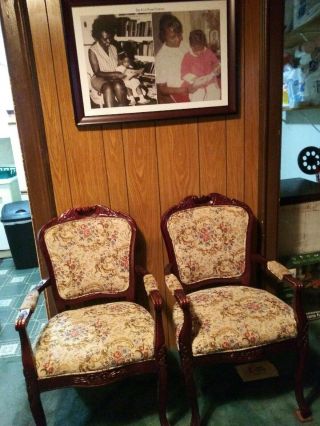 Lovely Pair Vintage French Country Wood & Cane Tufted Accent Barrel Club Chairs