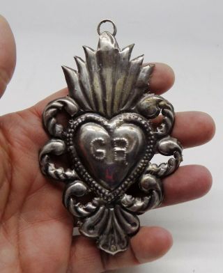 Antique Sacred Heart Jesus Ex Voto Miracle 8.  5 Grams Sterling Silver 925 Z - 9