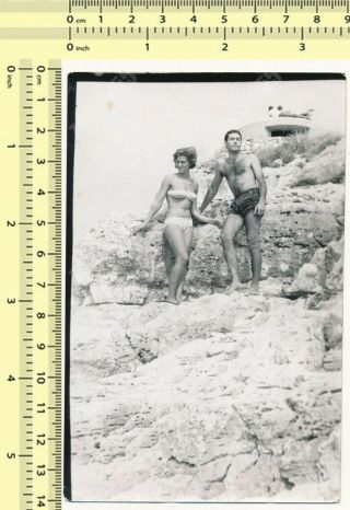 Beach Couple,  Pretty Bikini Woman & Guy In Swim Shorts Bulge Vintage Snapshot