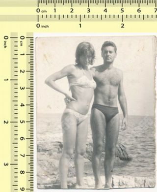 Couple At Beach,  Pretty Bikini Woman & Handsome Shirtless Man Trunks Old Photo