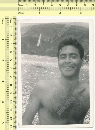 Handsome Shirtless Hairy Chest Guy Beach Portrait,  Gay Int Man Vintage Photo