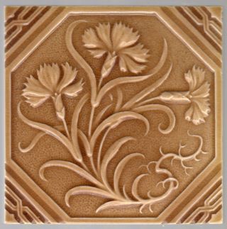 Mintons,  Ltd - C1881 - Brown Floral - Antique Arts & Crafts Majolica (9) Tiles