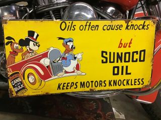 Vintage Porcelain 39 Sunoco Oil Disney Characters 24” Sign Ford Harley Chevy