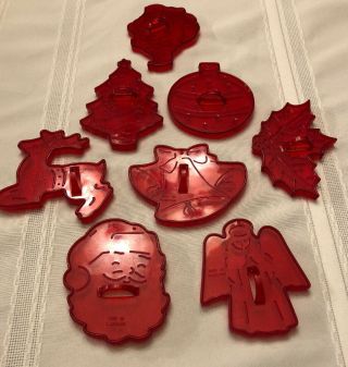 8 Vintage Christmas Plastic Red Cookie Cutter Santa Bell Angel Deer Tree