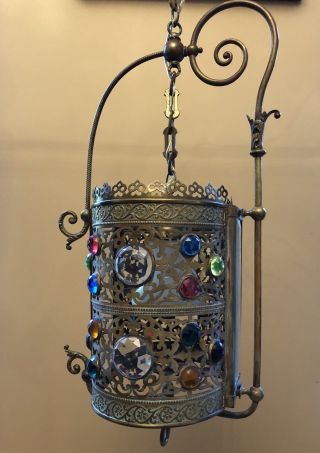 Antique Gas Victorian Brass Jeweled Shade Harp Hall Hoop Chandelier Lantern Lamp