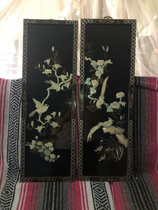Vintage 2 Asian Mother Of Pearl Black Lacquer Wall Panels