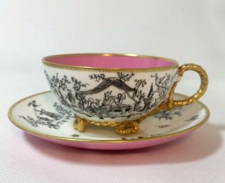 Rare Brown Westhead Moore Gilt Rope Form English China Teacup & Saucer C.  1869