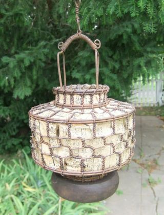 Vntg Japanese Twisted Wire & Paper w/ Japanese Characters Garden Candle Lantern 2