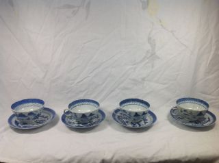 Four Set Of 19th C Chinese Canton Blue And White Tea Cup And Sauce