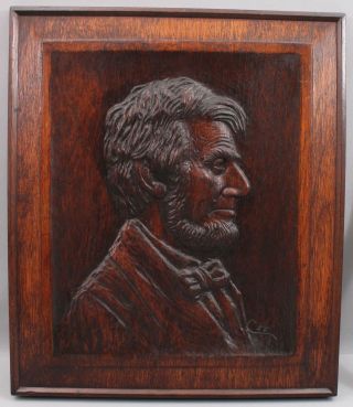 Antique Carl Hallsthammar Folk Art Carved Wood,  Abraham Lincoln Plaque