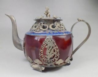 Chinese Old Red Jade Handwork Inlay Tibetan Silver Dragon Teapot Arts &crafts.
