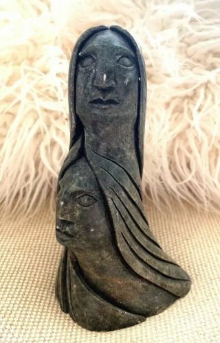 Stone 2 Sided Women Faces Long Hair Inuit Art Eskimo Carving Signed Serpentine