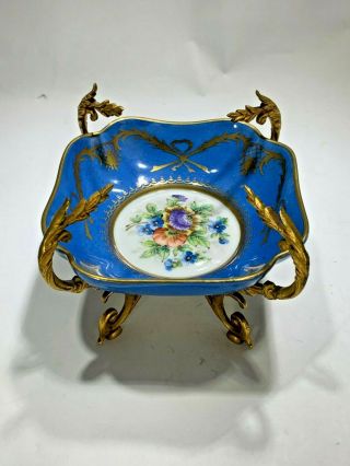 Antique 1757 Sevres Hand Painted Porcelain & Gilt Ormolu Trinket Dish With Stand