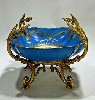 Antique 1757 Sevres Hand Painted Porcelain & Gilt Ormolu Trinket Dish with Stand 2