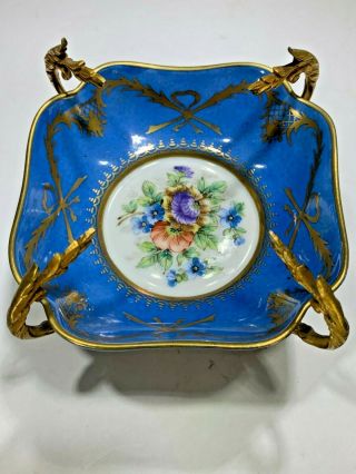 Antique 1757 Sevres Hand Painted Porcelain & Gilt Ormolu Trinket Dish with Stand 3