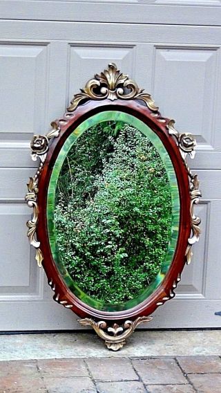 Antique Italian Mahogany Wood Ornate Carved Gilt Frame Beveled Glass Mirror