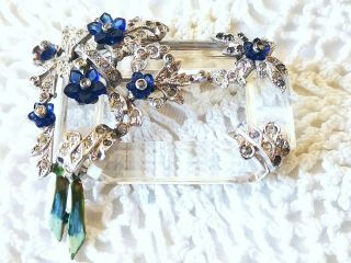 Ciner Rhodium Plated Brooch Blue Florets Ice Clear Lucite W Enamel Ice Crystals