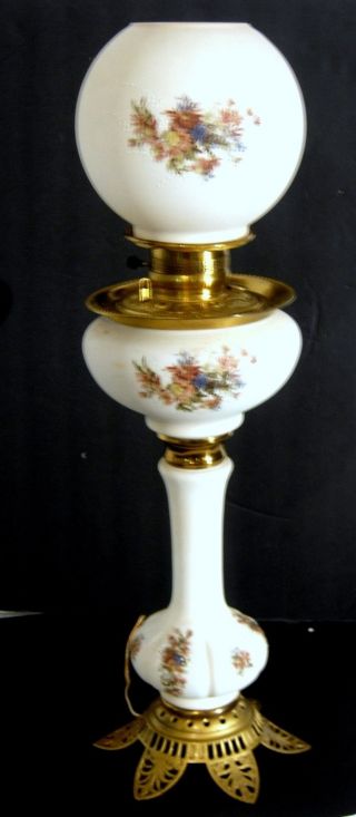 19th C Victorian Banquet Oil Lamp Satin Glass Fine Painted Enamel Iron Base
