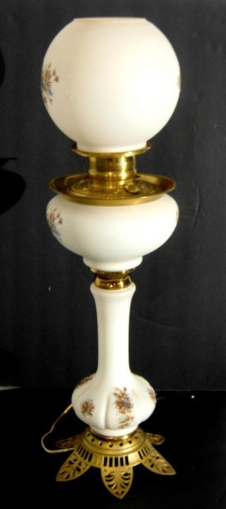 19th C Victorian Banquet Oil Lamp Satin Glass Fine Painted Enamel Iron Base 2