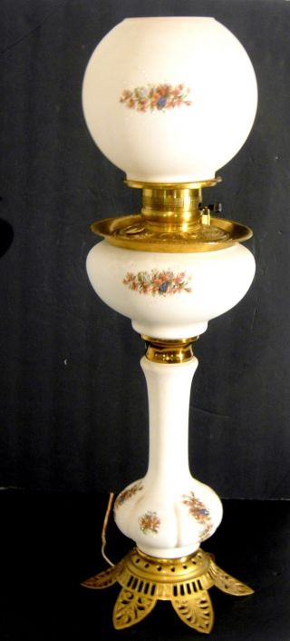 19th C Victorian Banquet Oil Lamp Satin Glass Fine Painted Enamel Iron Base 3