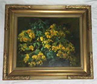 Vintage Yellow Floral Oil Painting | Yellow Bells / Dendrobium Orchid Gilt Frame