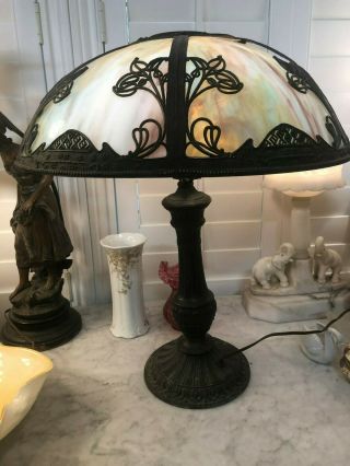 Antique Art Nouveau Slag Glass Table Lamp 3