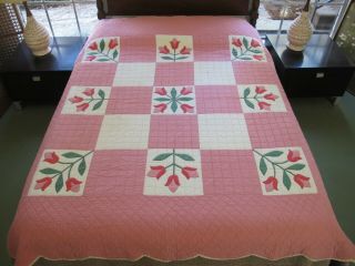Outstanding Vintage All Cotton Hand Sewn Applique Tulips Quilt; 83 " X 75 " ; Good