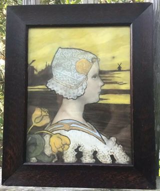 Antique Arts & Crafts Era Lady Portrait Old Ducth Mission Pastel Girl Painting