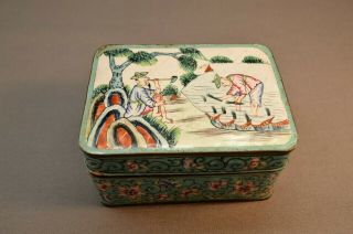 Antique Chinese Enamel Brass Metal Box Men Smoking And In The Rice Fields 10 Cm