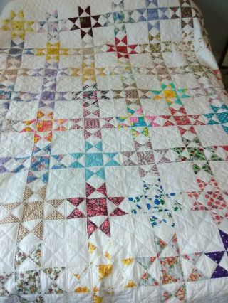 Lovely Vintage Diamond,  Star Pattern Quilt Hand Stitched 80 " X 96 "