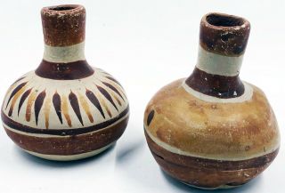 2 Vintage Mexico Folk Art Pottery Vases Hand Painted Brown & Cream 3.  5 "