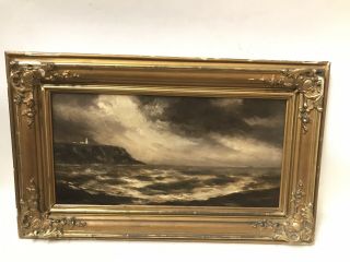Antique Female Artist Listed American Lighthouse Seascape Signed Oil Painting
