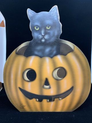 Vintage Halloween Art Painting On Wood Black Cat Jack - O - Lantern J.  Buller 1996