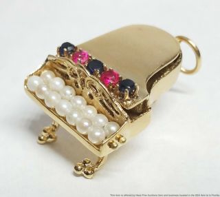 14k Gold Seed Pearl Sapphire Ruby Grand Piano Charm 6.  9g Vintage